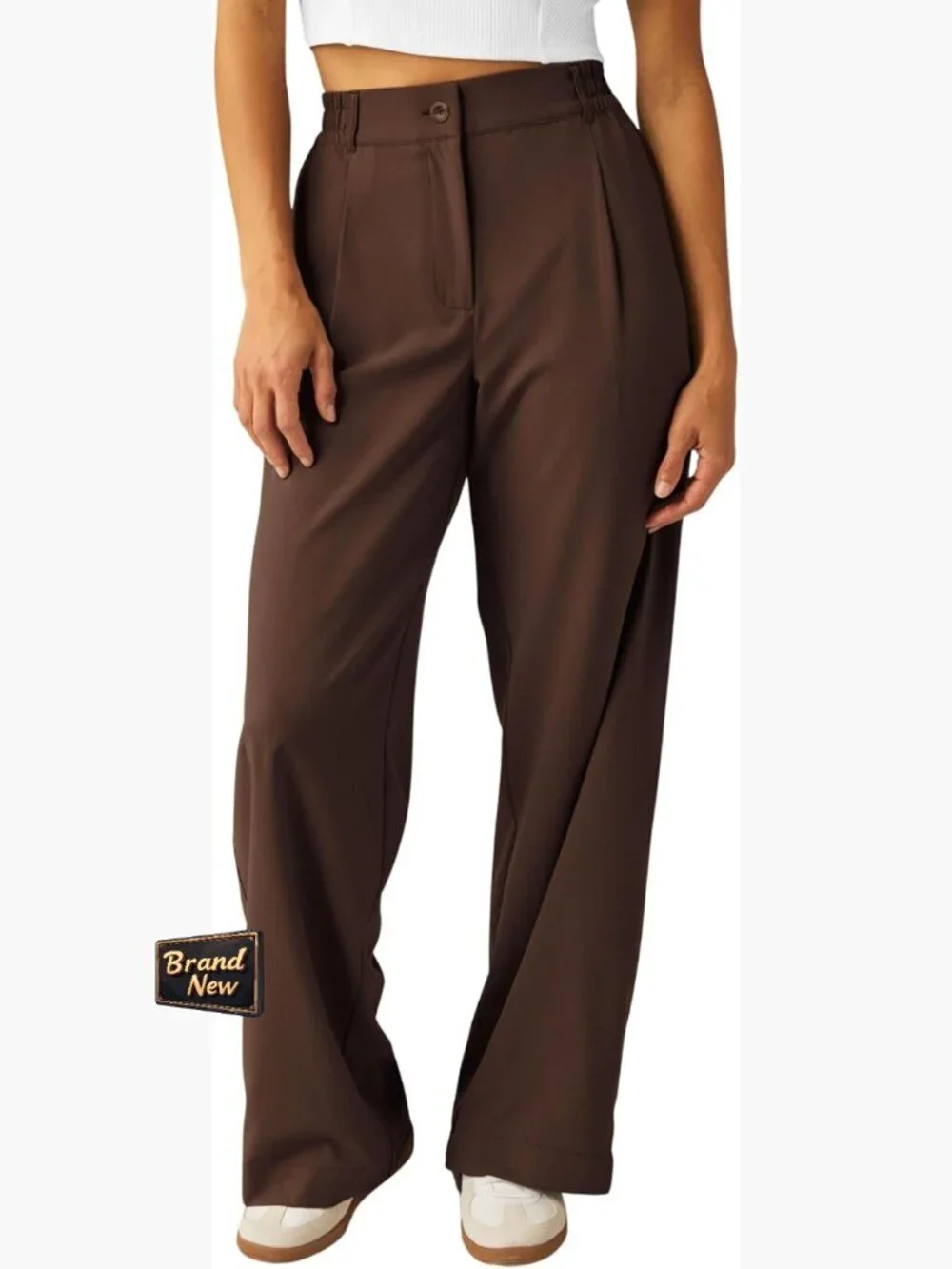 Wide Leg Trousers, Straight Leg, Elastic Waist, Polyester, Casual Chic